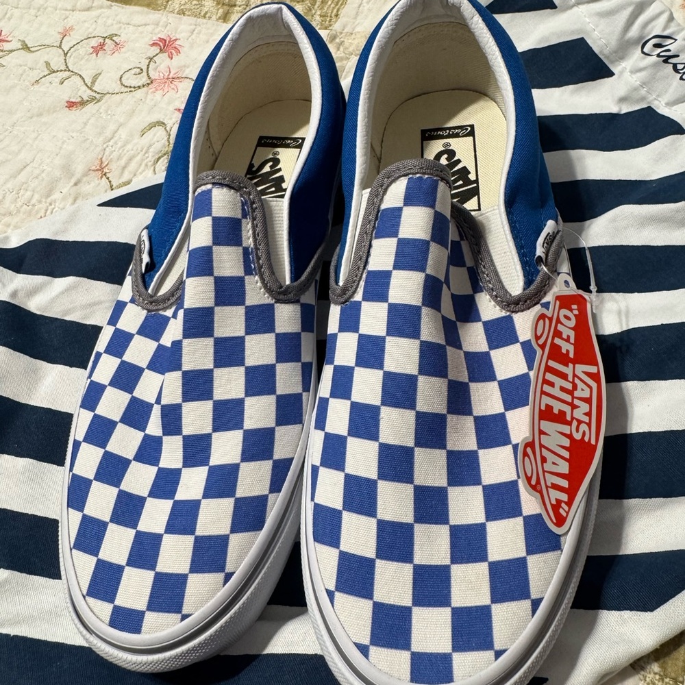 Vans Custom Classic Blue and White Checkered Slip-Ons with GoDallas CowboysGo